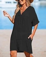 Cupshe Women's Tan Loose-Fit V-Neck Cover-Up Dress