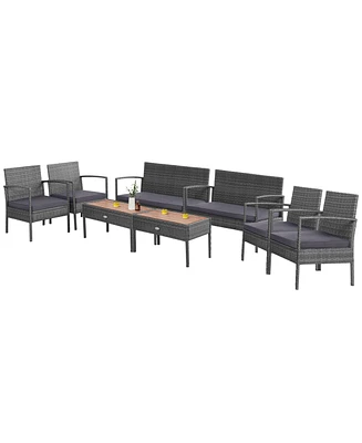 Gymax 8PCS Rattan Patio Conversation Furniture Set w/ Acacia Wood Tabletop & Cushions