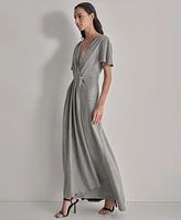 Dkny Women's Metallic Pleated Belted Flutter-Sleeve Gown