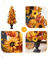 Glitzhome 48"H Fall Lighted Maple Leaf and Sunflower Urn Porch Tree with Timer