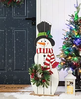 Glitzhome 36"H Christmas Wooden/Metal Snowman Porch Decor with Floral Wreath