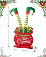 Glitzhome 24.5"H Christmas Wooden/Metal Elf Legs in Gift Box Porch Decor