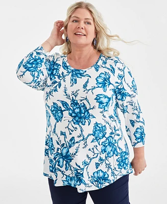 Jm Collection Plus Printed 3/4-Sleeve Top, Created for Macy's