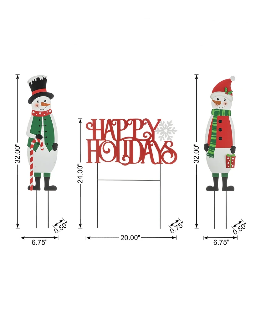 Glitzhome 32"H Set of 3 Christmas Metal Snowman and Happy Holidays Yard Stake