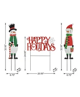 Glitzhome 32"H Set of 3 Christmas Metal Snowman and Happy Holidays Yard Stake