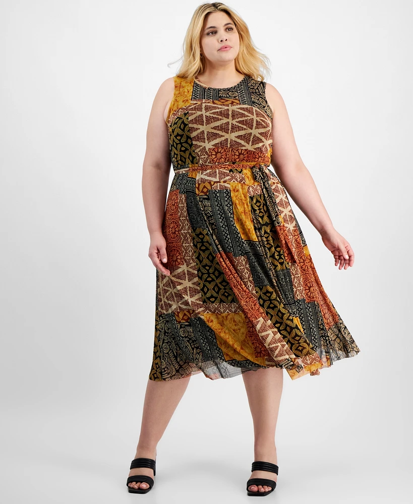 Robbie Bee Plus Size Patchwork-Print Jersey Midi Dress