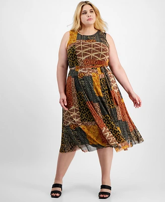 Robbie Bee Plus Patchwork-Print Jersey Midi Dress