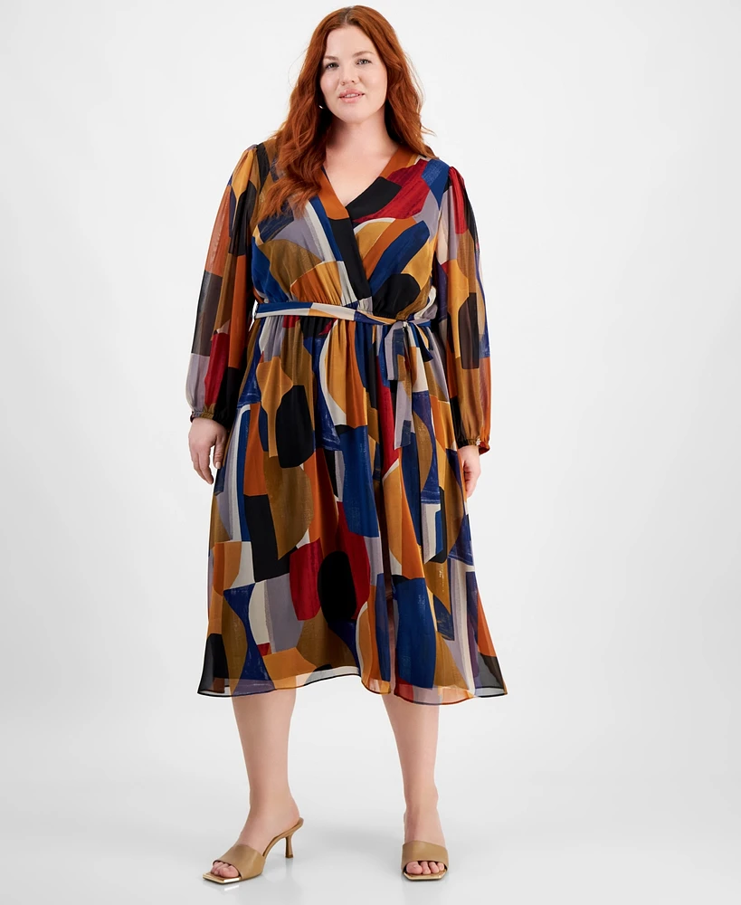 Robbie Bee Plus Size Printed Faux-Wrap Long-Sleeve Dress