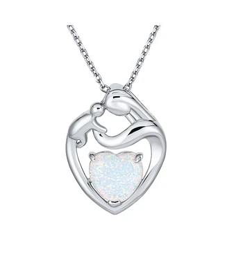 Bling Jewelry Gemstone Family Parent New Mother Created White Opal Heart Shaped Mom Loving Son Child Daughter Necklace Pendant For Women .925 Sterling