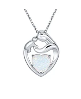 Bling Jewelry Family Parent New Mother Synthetic White Opal Heart Shaped Mom Loving Son Child Daughter Necklace Pendant For Women Sterling Silver