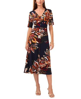 Msk Petite Floral-Print Button-Front Midi Dress