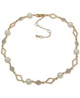 Karl Lagerfeld Paris Gold-Tone Crystal Geometric Imitation Pearl Collar Necklace, 16" + 3" extender