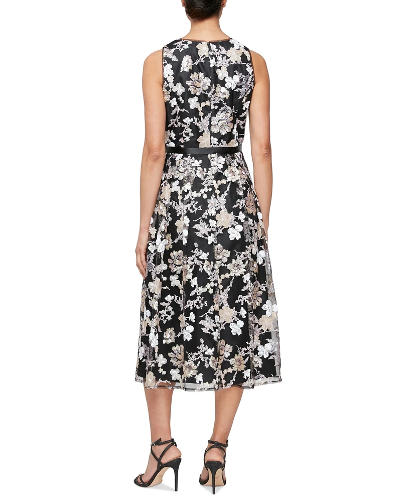 Alex Evenings Women's Sequin Floral Embroidered Sleeveless Fit & Flare Dress