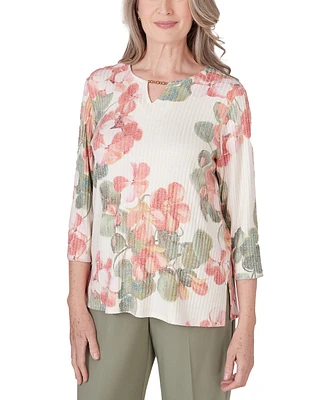 Alfred Dunner Petite Tuscan Sunset Floral-Print Embellished Textured Top