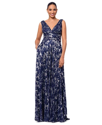 Betsy & Adam Women's Metallic Printed V-Neck Sleeveless Gown