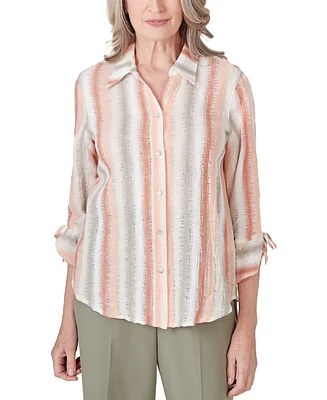 Alfred Dunner Petite Linen Tuscan Sunset Striped Textured Button-Down Top