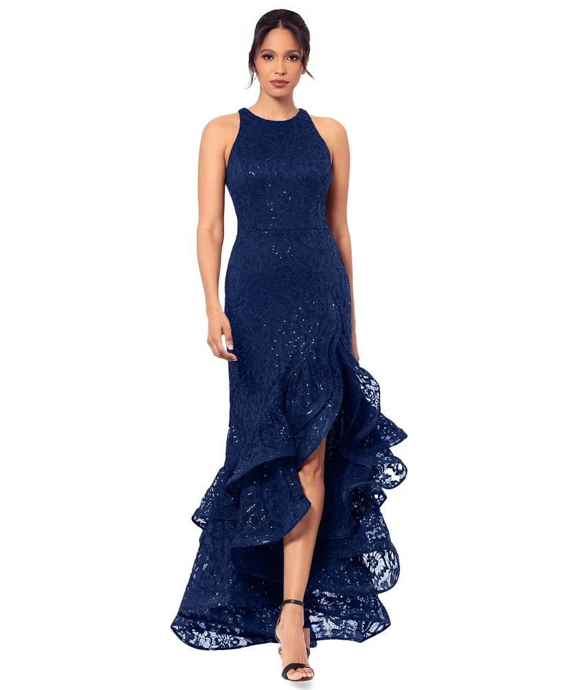 Betsy & Adam Women's Sequined Lace Ruffle-Hem Gown