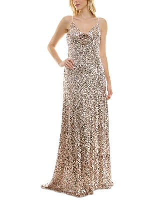 Taylor Women's Sequin Embellished Rosette Sleeveless Gown