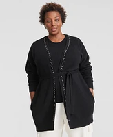 Charter Club Plus Cashmere Bead-Trim Belted Cardigan, Created for Macy's