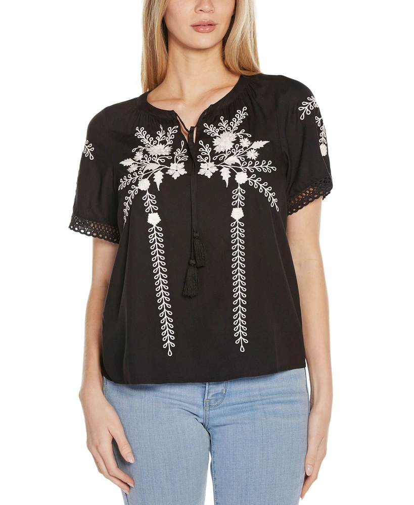 Belldini Women's Embroidered Tie-Neck Peasant Top