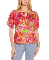 Belldini Women's Abstract Floral Cutout Detail Top