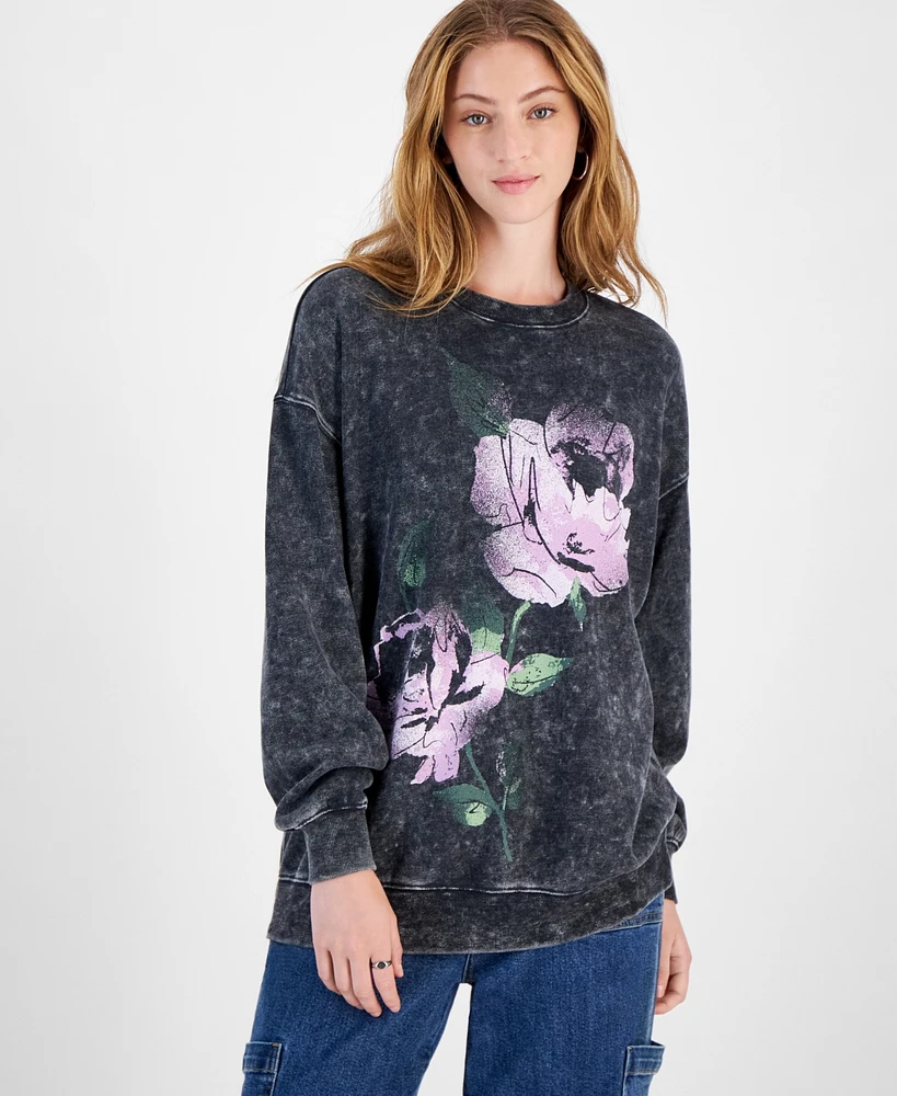 Rebellious One Juniors' Rose Mineral-Wash Sweatshirt