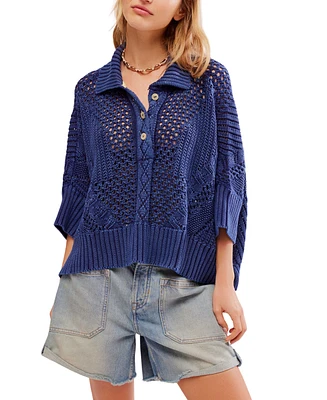 Free People Women's To The Point Cotton Crochet Polo Shirt