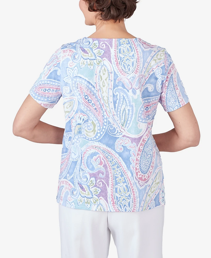 Alfred Dunner Women's Pleated Crew Neck Paisley Short Sleeve Tee