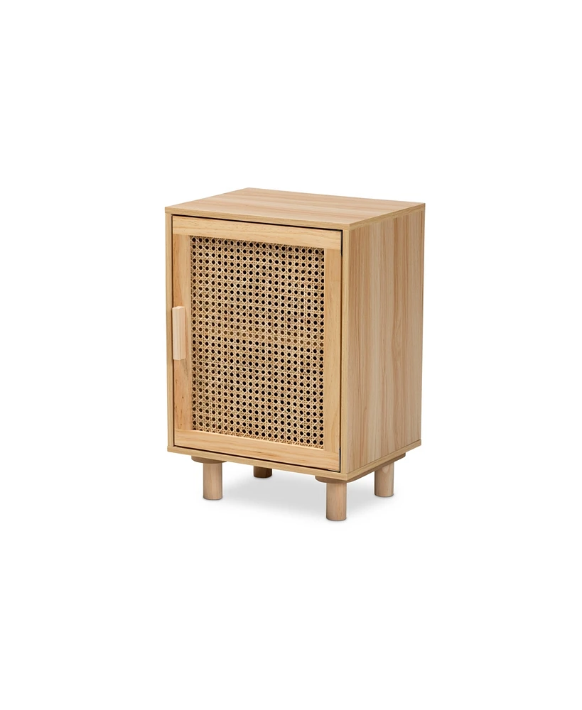 Baxton Studio Maclean Mid-Century Modern Rattan and Natural Brown Finished Wood 1-Door End Table