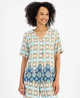 Jm Collection Women's Linen Blend Printed V-Neck Short-Sleeve Top, Created for Macy's