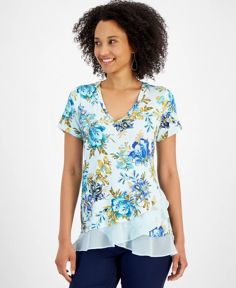 Jm Collection Petite Floral Printed Ruffled-Hem Top, Created for Macy's