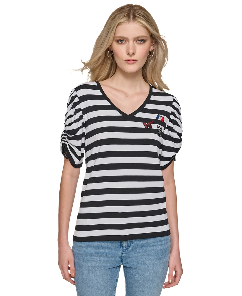 Karl Lagerfeld Paris Women's Ruched-Sleeve Striped Top