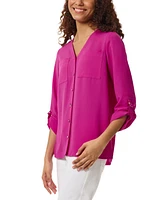 Jones New York Women's Collarless Rolltab-Sleeve Tunic