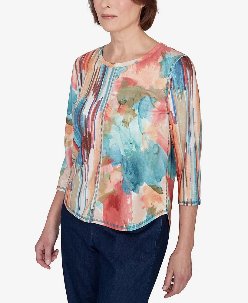 Alfred Dunner Petite Sedona Sky Spliced Floral Brushstroke Stripes Top