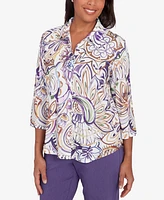 Alfred Dunner Petite Charm School Drama Paisley Button Front Top