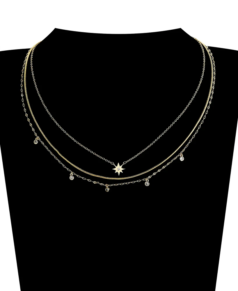 Unwritten 14K Gold Flash Plated Brass Cubic Zirconia Star And Bezel Layered Necklace Trio with Extenders Set, 3 Piece