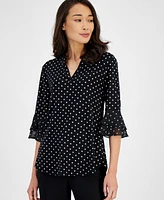 Kasper Women's Split-Neck Polka-Dot Flutter Sleeve Top