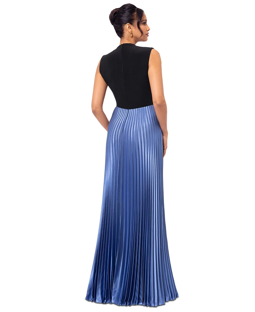 Betsy & Adam Women's Pleated-Skirt High-Neck Maxi Dress