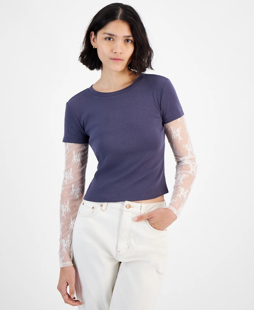 Hippie Rose Juniors' Layered Lace-Sleeve T-Shirt