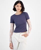 Hippie Rose Juniors' Layered Lace-Sleeve T-Shirt