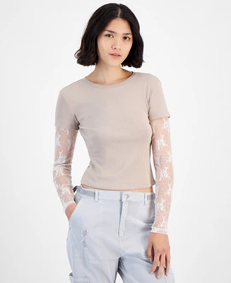 Hippie Rose Juniors' Layered Lace-Sleeve T-Shirt