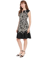 London Times Petite Printed Split-Neck Fit & Flare Dress