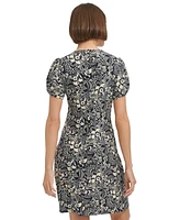 Tommy Hilfiger Petite Printed Round-Neck Ruched-Sleeve Dress