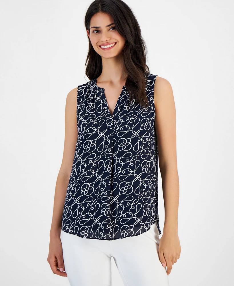 T Tahari Women's Split-Neck Sleeveless Printed Top