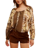 Free People Women's Elena Printed Balloon-Sleeve Cotton Top