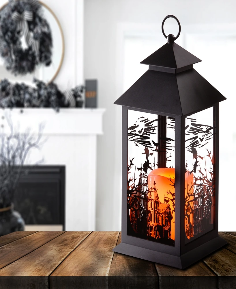 National Tree Company 12" Halloween Lantern with Led Lights, Carved Images of Witches, Haunted House