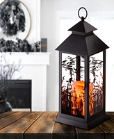 National Tree Company 12" Halloween Lantern with Led Lights, Carved Images of Witches, Haunted House