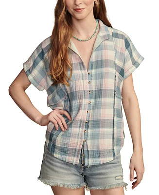 Lucky Brand Women's Plaid Cotton Short-Sleeve Beach Shirt