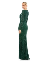 Mac Duggal Women's Ieena Sequined Faux Wrap Long Sleeve Column Gown