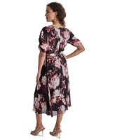 Dkny Petite Printed Ruched-Sleeve Tie-Waist Fit & Flare Dress